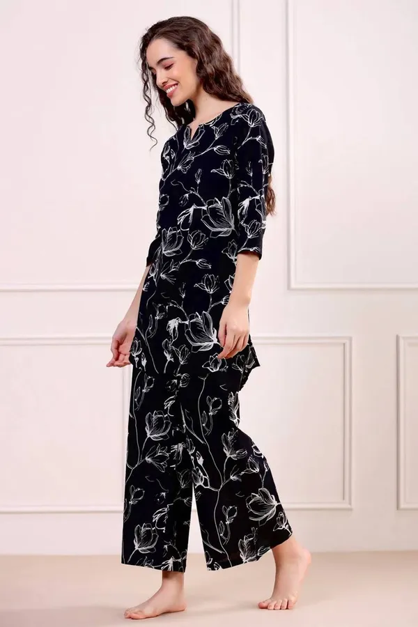 Black_Floral_Print_Top_And_Palazzo_Pants_Night_Suit_Set