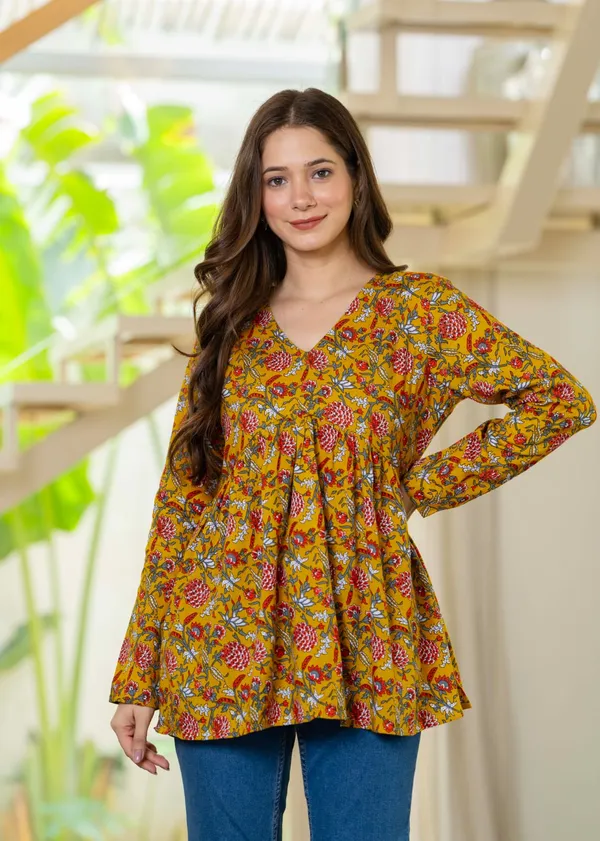 Mustard_Yellow_Floral_Print_Long_Sleeve_Flared_Top