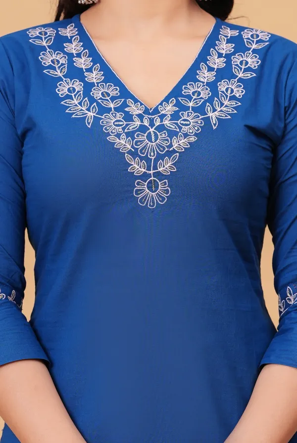 Royal_Blue_Embroidered_V_Neck_Kurti_With_Pants_Set