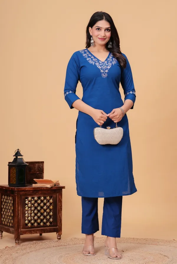 Royal_Blue_Embroidered_V_Neck_Kurti_With_Pants_Set