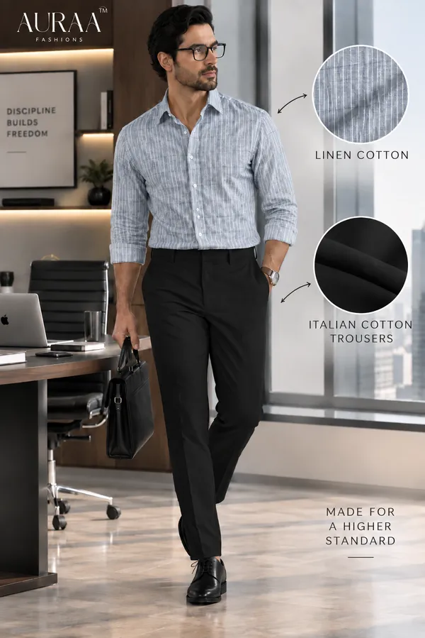 Executive_Ice_Blue_Stripe_Linen_Cotton_Shirt_&_Black_Italian_Cotton_Trouser_Fabric_Combo