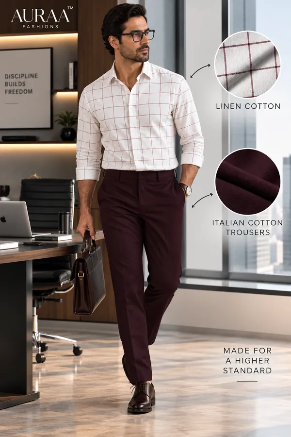Executive_Mahroon_Check_Linen_Cotton_Shirt_&_Italian_Cotton_Trouser_Fabric_Combo