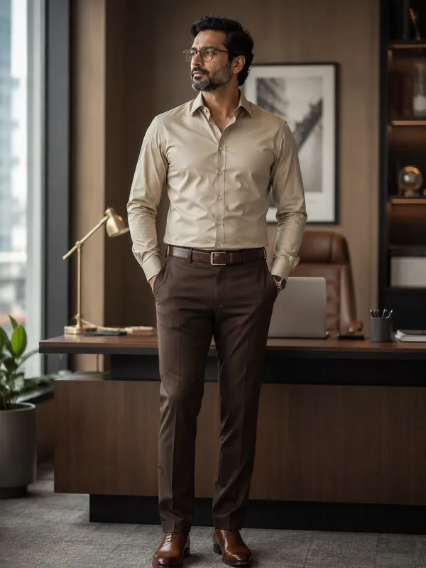 Khaki_Shirt_And_Coffee_Summer_Cool_Office_Wear_Lotus_Unstitched_Pant_And_Shirt_Fabric_For_Men