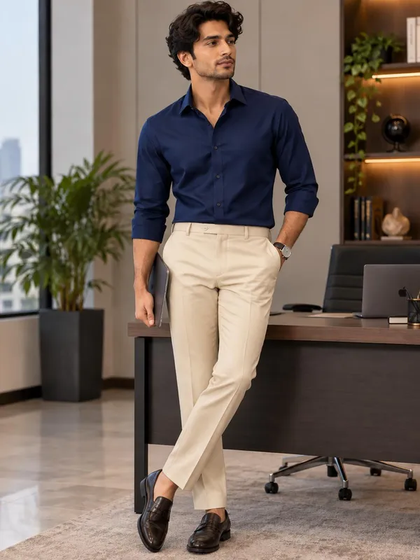 Navy_Blue_Shirt_and_Almond_Trousers_Summer_Cool_Lotus_Unstitched_Pant_And_Shirt_Fabric_For_Men