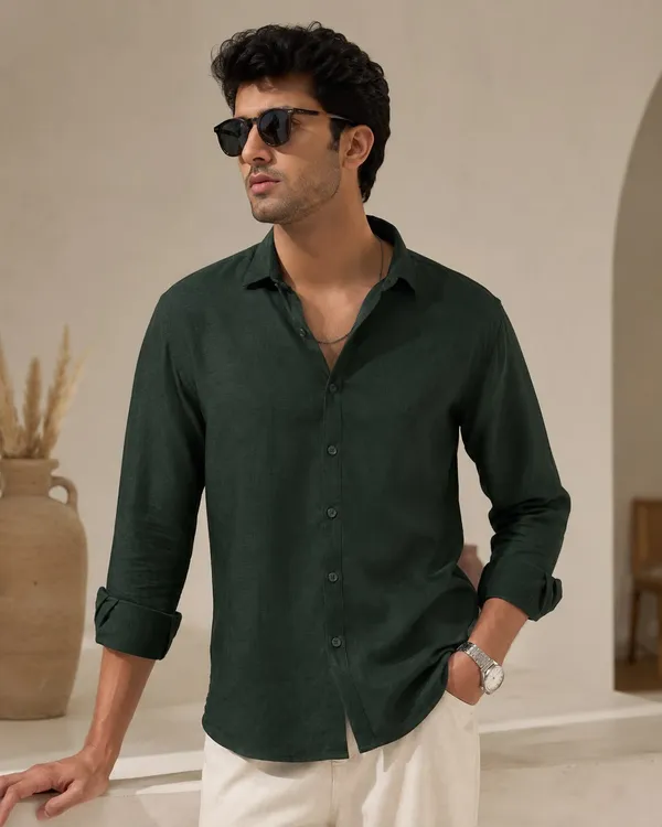 Bottle_Green_Premium_Linen_Blended_Unstitched_Shirts_Fabric_For_Men