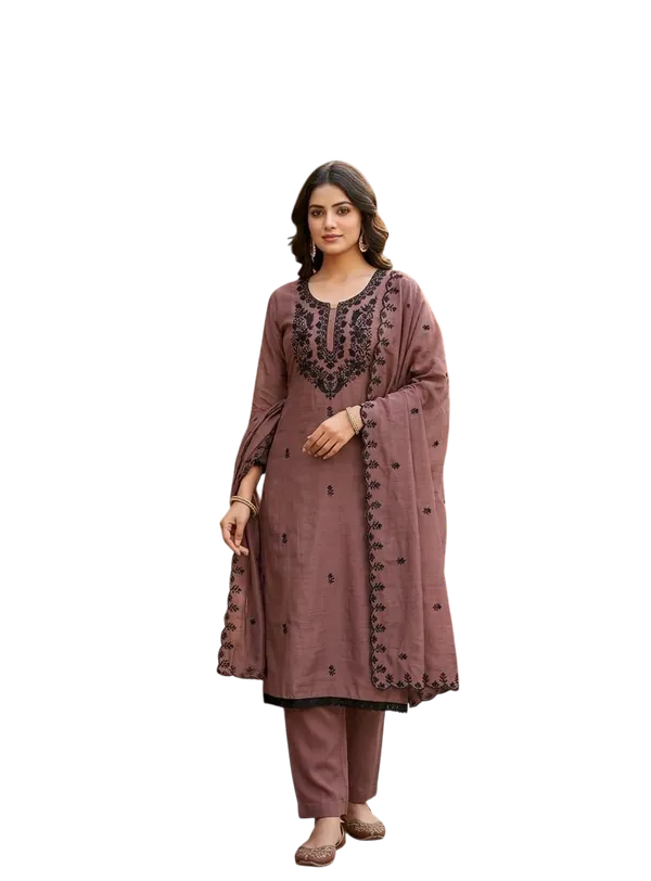 Silk_Ethnic_Thread_Embroidered_Brown_Unstitched_Suit_Material