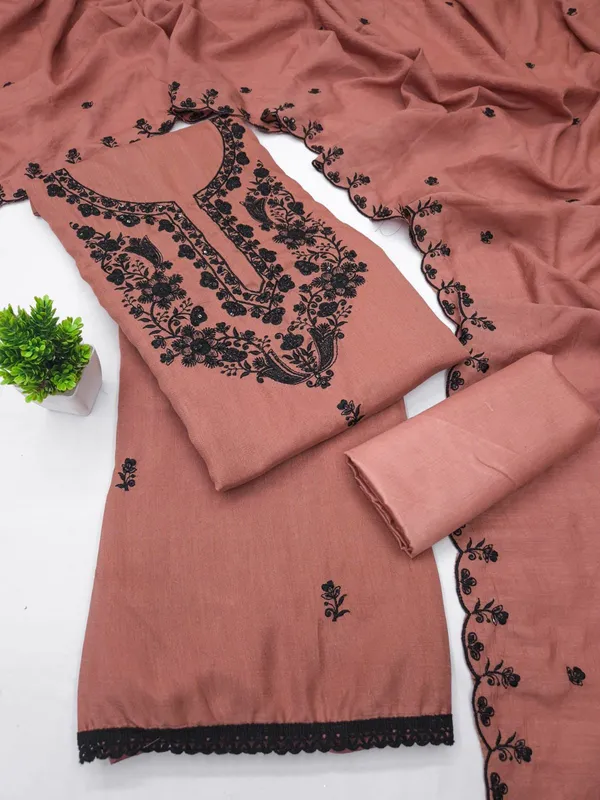 Peach_Silk_Thread_Embroidered_Unstitched_Suit_Material_For_Women