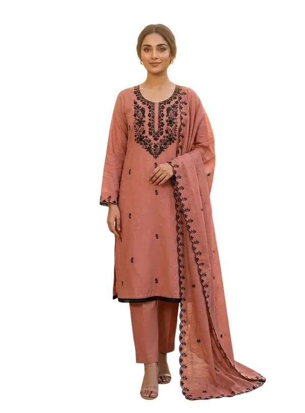 Peach_Silk_Thread_Embroidered_Unstitched_Suit_Material_For_Women