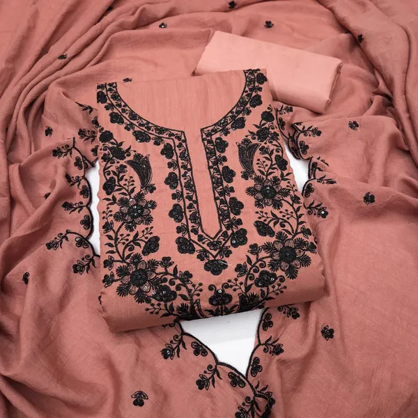 Peach_Silk_Thread_Embroidered_Unstitched_Suit_Material_For_Women
