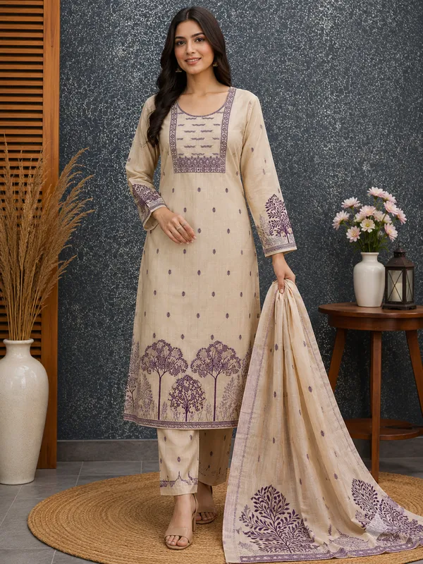 Beige_Pure_Silk_Printed_Unstitched_Kurta_And_Churidar_Material_For_Women