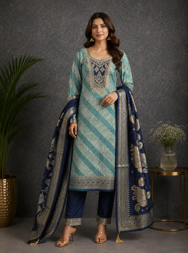 Pure_Silk_Ethnic_Solid_Blue_Kurta_And_Churidar_Material
