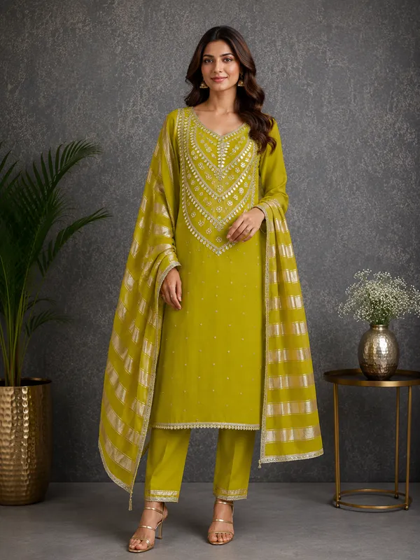 Pure_Silk_Festive_Solid_Olive_Green_Kurta_And_Churidar_Material