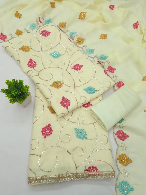 Cream_Silk_Floral_Embroidered_Unstitched_Suit_Material_For_Women