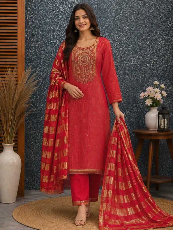 Red_Cotton_Blend_Embroidered_Salwar_Suit_Material_For_Women