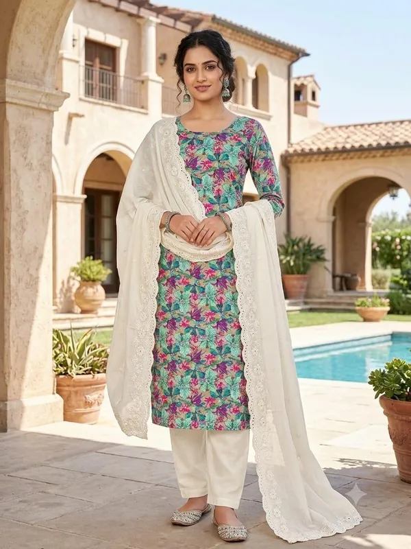 Green_Cotton_Floral_Print_Unstitched_Suit_Material_For_Women