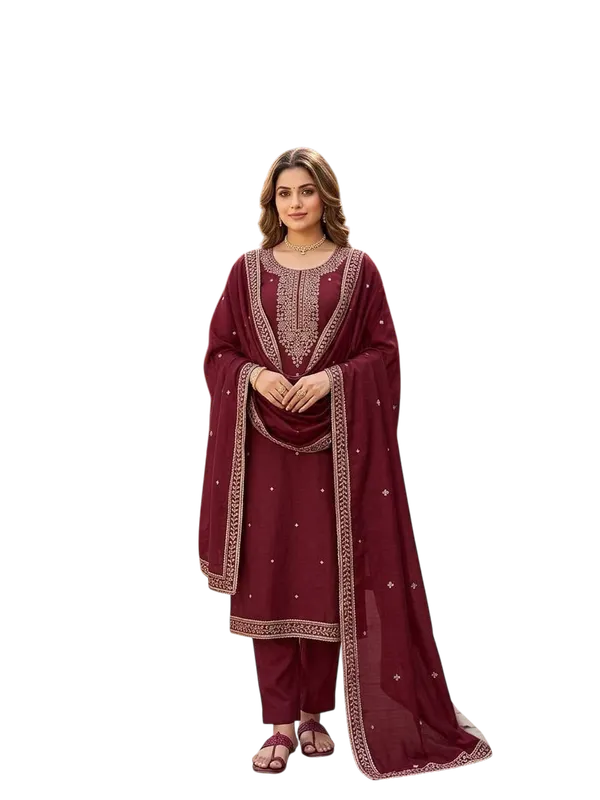 Red_Silk_Zari_Embroidered_Unstitched_Suit_Material_For_Women