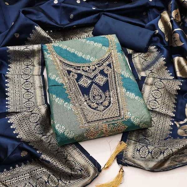 Pure_Silk_Ethnic_Solid_Blue_Kurta_And_Churidar_Material
