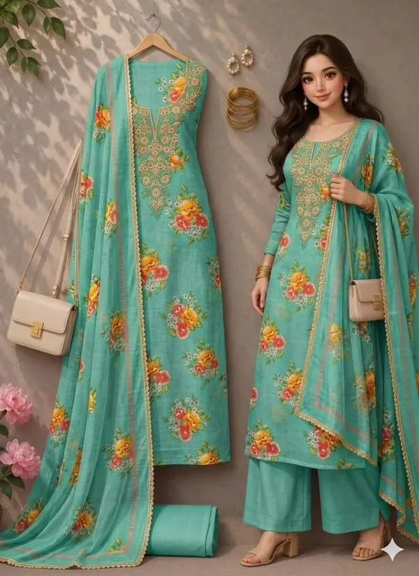 Green_Silk_Floral_Printed_Embroidered_Suit_Material_For_Women