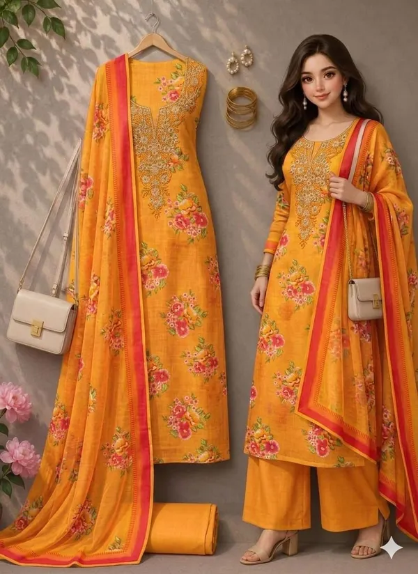 Yellow_Silk_Floral_Printed_Embroidered_Unstitched_Suit_Material_For_Women