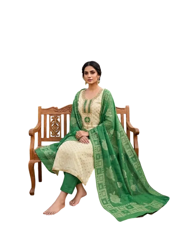 Green_Silk_Embroidered_Buti_Unstitched_Suit_Material_For_Women