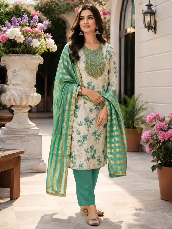 Green_Silk_Floral_Printed_Embroidered_Suit_Material_For_Women