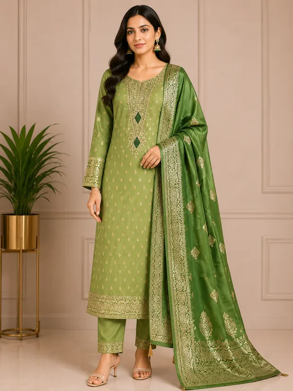 Green_Silk_Jacquard_Embroidered_Unstitched_Suit_Material_For_Women