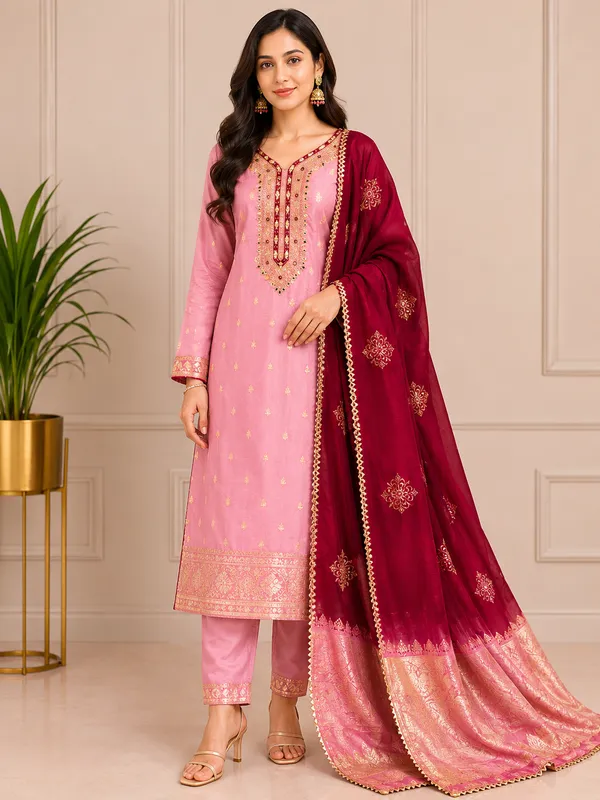 Pink_And_Red_Pure_Silk_Solid_Unstitched_Kurta_And_Churidar_Material_For_Women
