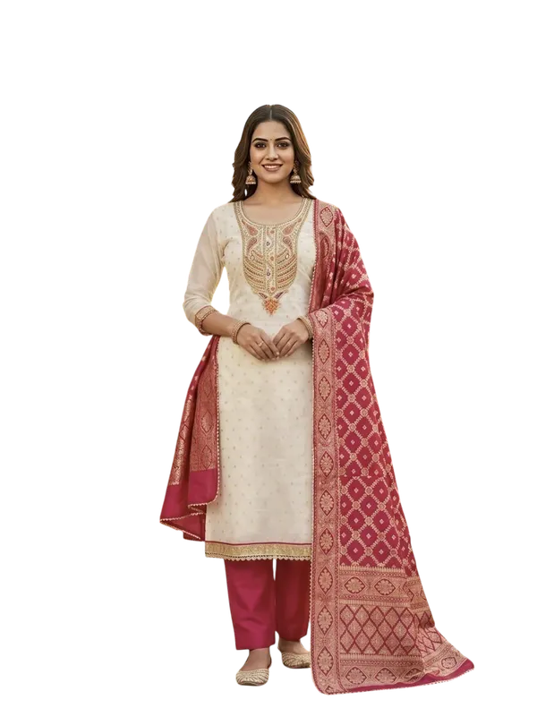 Silk_Ethnic_Embroidered_Red_Unstitched_Suit_Material