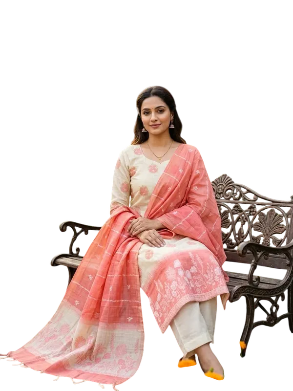 Orange_Linen_Blend_Floral_Woven_Unstitched_Suit_Material_For_Women