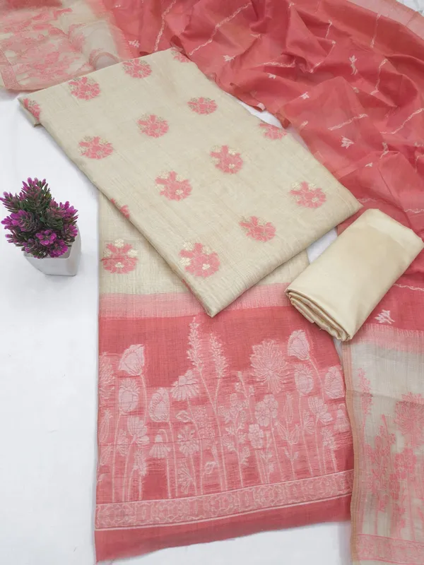 Orange_Linen_Blend_Floral_Woven_Unstitched_Suit_Material_For_Women