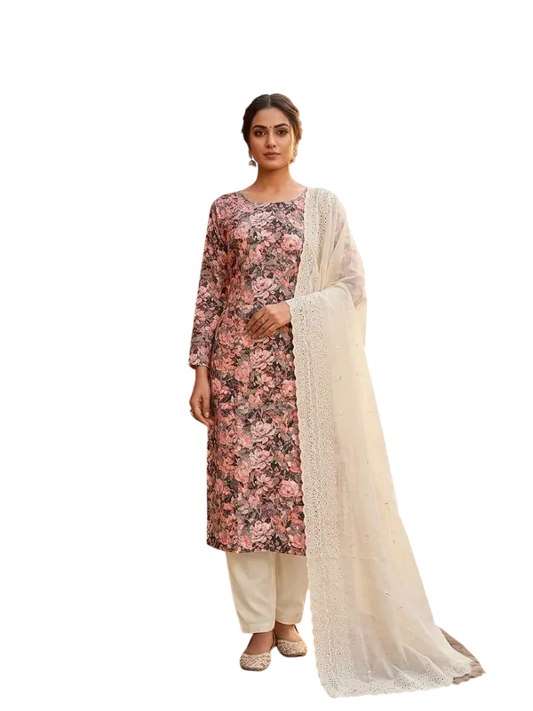 Brown_Cotton_Floral_Printed_Unstitched_Suit_Material_For_Women