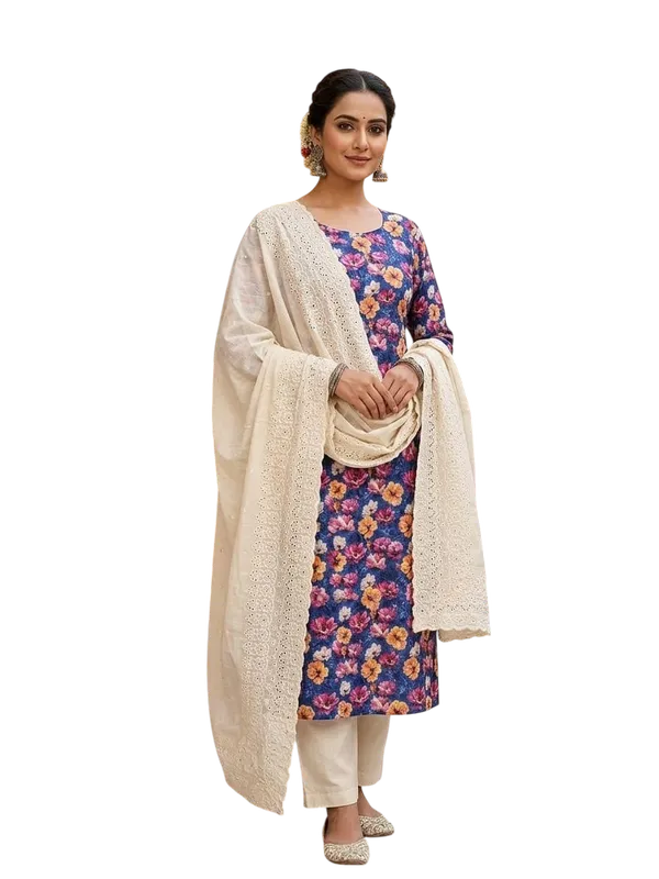 Blue_Cotton_Floral_Printed_Unstitched_Suit_Material_For_Women