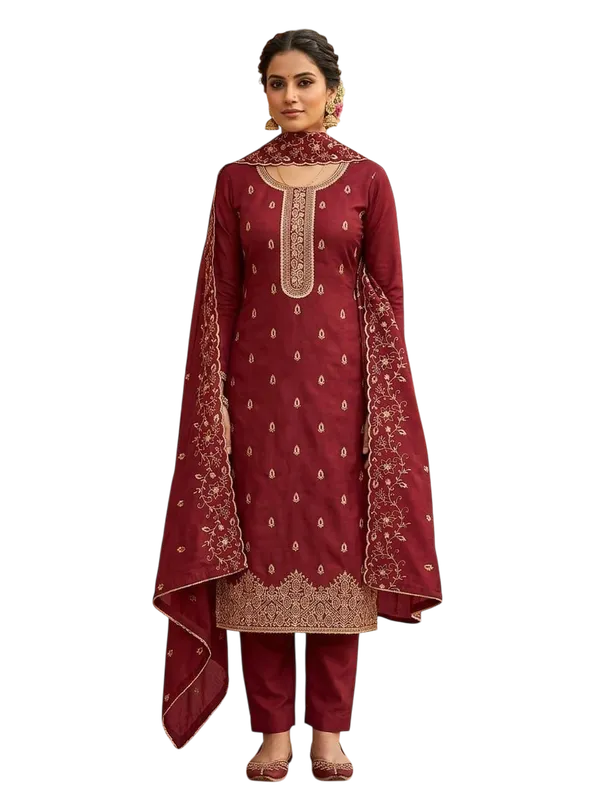 Red_Silk_Chikankari_Embroidered_Unstitched_Suit_Material_For_Women