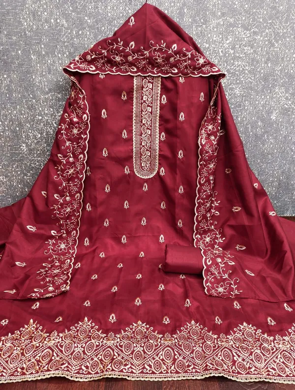 Red_Silk_Chikankari_Embroidered_Unstitched_Suit_Material_For_Women