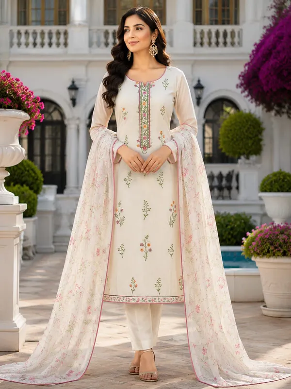 Cream_Silk_Floral_Embroidered_Unstitched_Suit_Material_For_Women