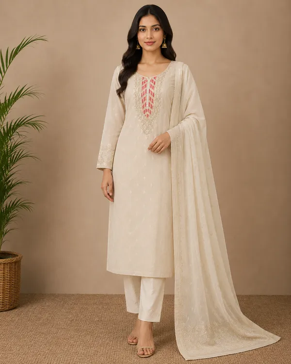 White_Pure_Silk_Embroidered_Unstitched_Kurta_And_Churidar_Material_For_Women