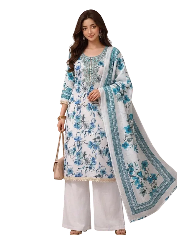 Unstitched_Suit_Material_-_White_&_Blue_Floral_Designer_Suit_Set_(Top,_Botton_and_Dupatta)