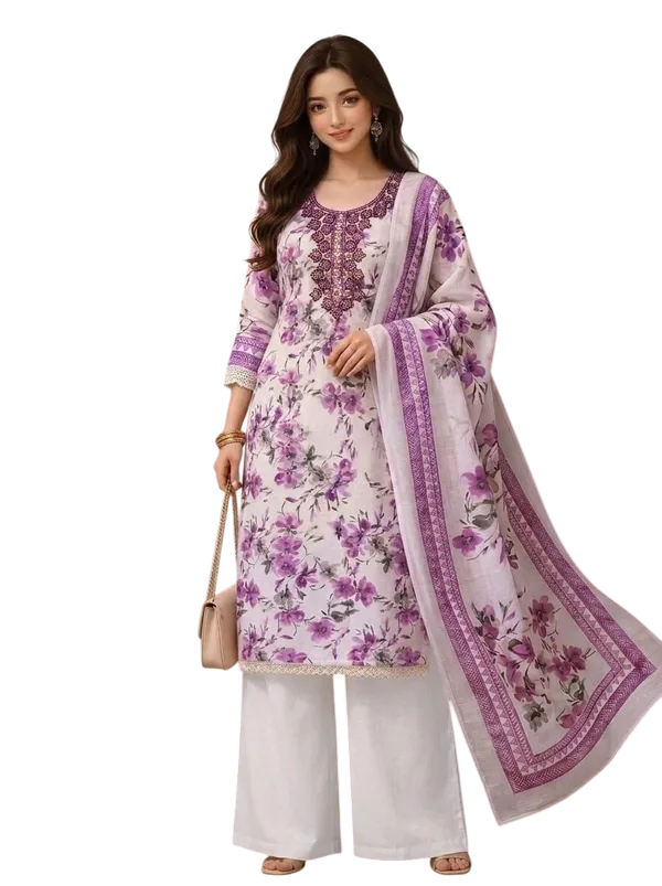 Unstitched_Suit_Material_-_White_&_Purple_Floral_Designer_Suit_Set_(Top,_Botton_and_Dupatta)