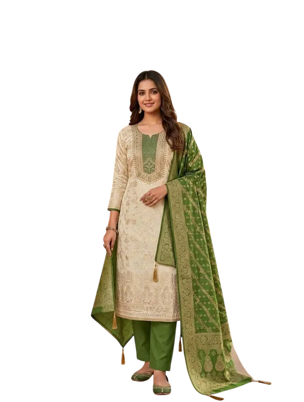 Green_Banarasi_Jacquard_Woven_Unstitched_Suit_Material_For_Women