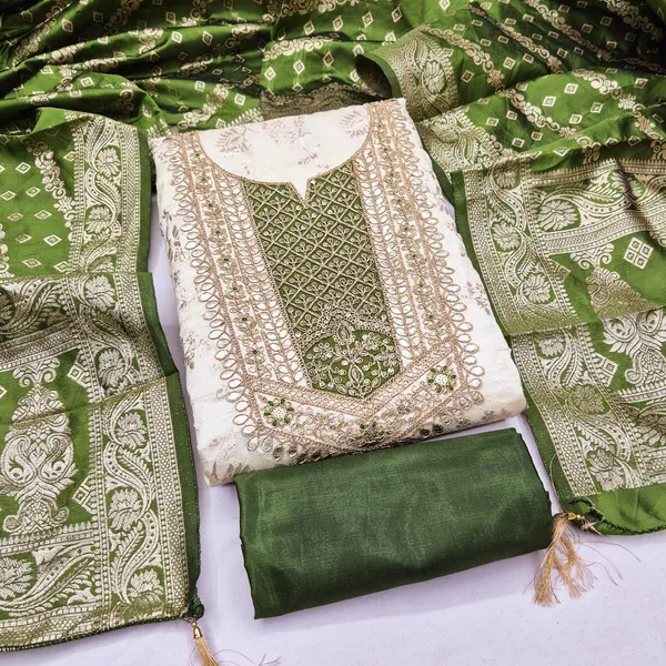 Green_Banarasi_Jacquard_Woven_Unstitched_Suit_Material_For_Women