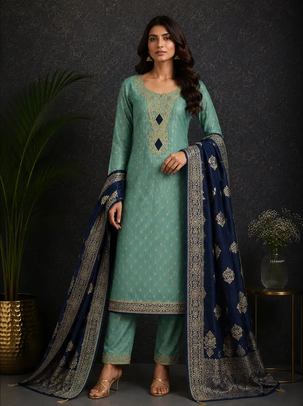 Blue_Silk_Jacquard_Blend_Unstitched_Suit_Material_For_Women