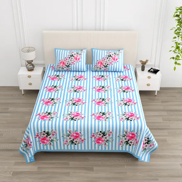 Sky_Blue_And_Pink_Cotton__Bedsheet_For_Home_And_Decor_100_X_108_Inch