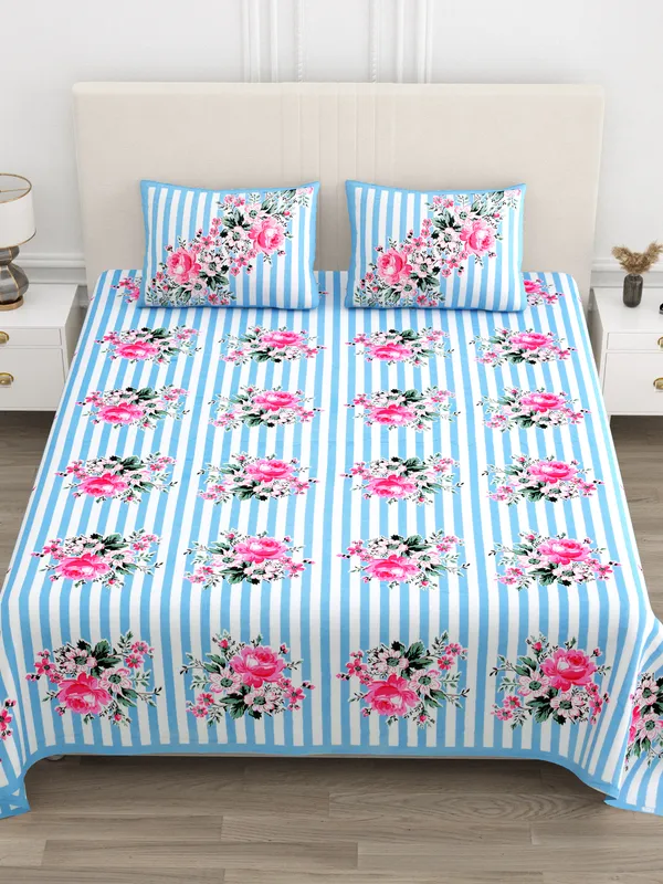 Sky_Blue_And_Pink_Cotton__Bedsheet_For_Home_And_Decor_100_X_108_Inch
