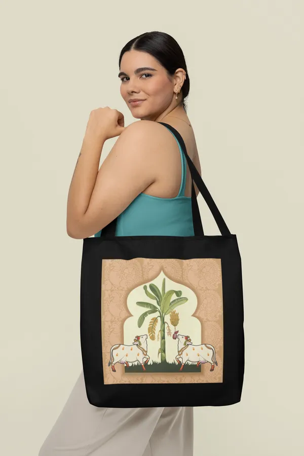 Traditional_Pichwai_Art_Black_Tote_Bag_-_Cow_&_Tree_Design