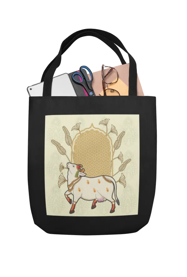 Sacred_Cow_Illustration_Tote_Bag_-_Black_Canvas_Shoulder_Bag_with_Traditional_Indian_Art