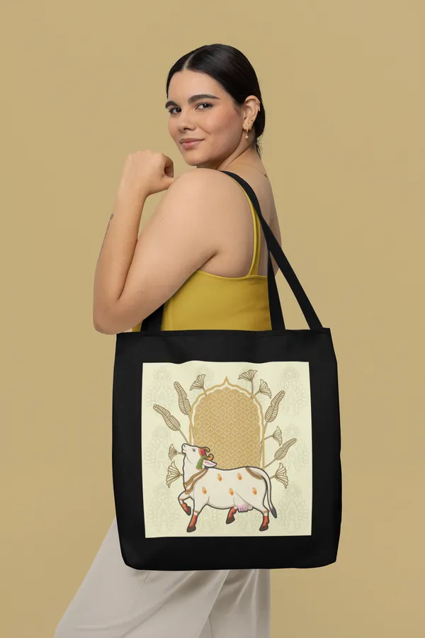 Sacred_Cow_Illustration_Tote_Bag_-_Black_Canvas_Shoulder_Bag_with_Traditional_Indian_Art