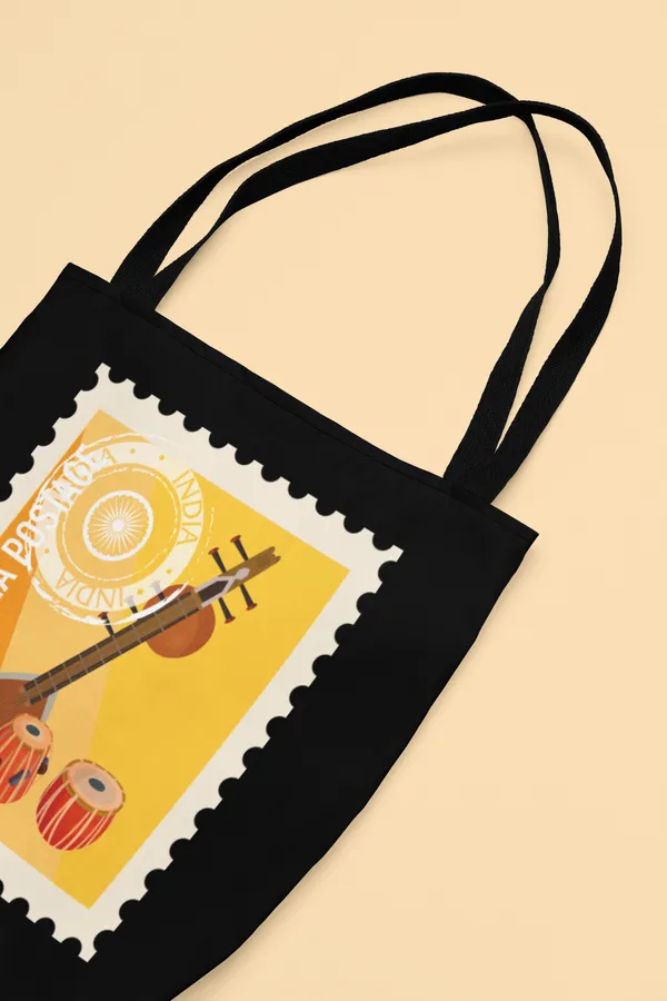 India_Post_Musical_Instruments_Stamp_Tote_Bag_-_Black_Canvas_Shoulder_Bag