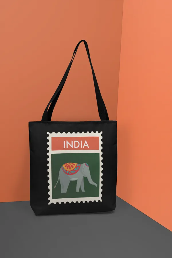 India_Postage_Stamp_Elephant_Black_Cotton_Tote_Bag