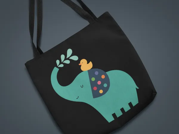 Cute_Elephant_with_Duck_Tote_Bag_-_Black_Canvas_Bag_with_Turquoise_Elephant_Design