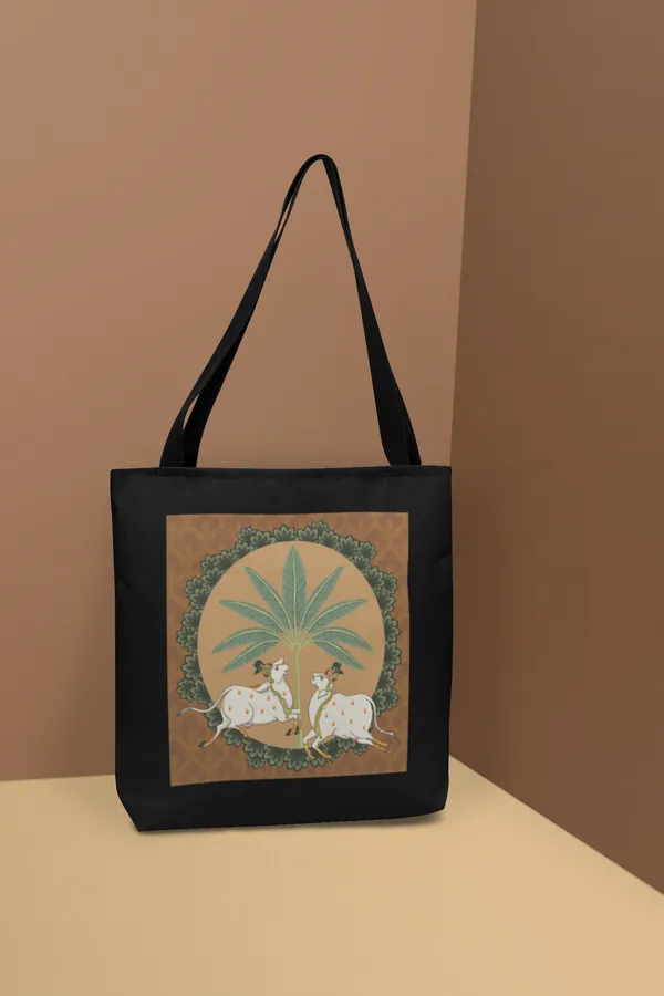 Mughal_Art_Tote_Bag_-_Sacred_Cows_Under_Palm_Tree_Design
